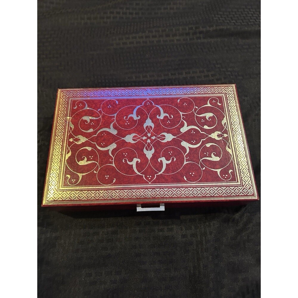 Vintage Mele Red Flat Jewelry Box Organizer Case Silver Scrollwork Gold Trimmed